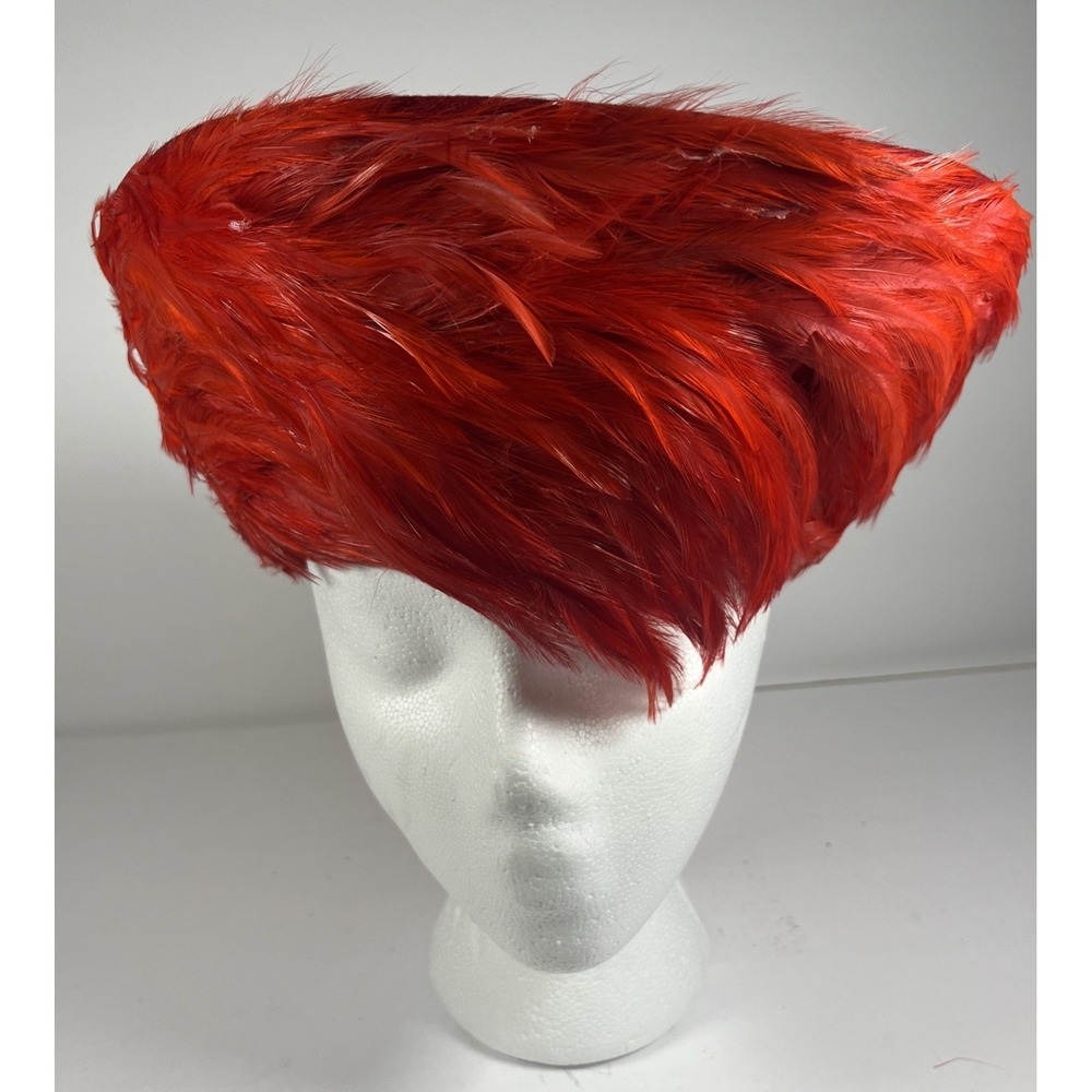 Vintage 70s 80s Red Wool Ostrich Feather Wide Brim Statement Hat Med Size 7